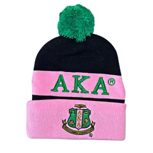 Alpha Kappa Alpha Knit Embroidered Beanie Hat Black