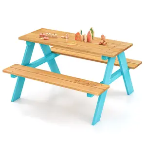 COSTWAY - Children Outdoor Wooden Table with Bench Seats for Indoor and Outdoor Use-Natural