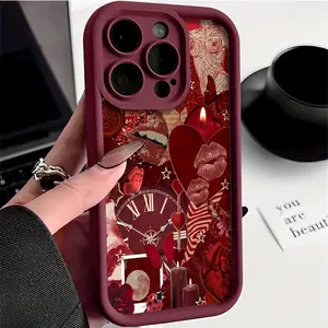 Creative Vintage Clock Lip Print Burgundy Case for iPhone 17 Pro Max 16 16e 15 14 Plus 13 12 Mini 11 Air X XS Pattern Soft TPU Rubber Camera Protection Rugged Mobile Phone Cover Gift