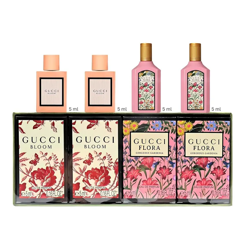 Gucci Flora Gorgeous Gardenia & Bloom Perfume Set for Women - 4 Mini Travel Size Splashes