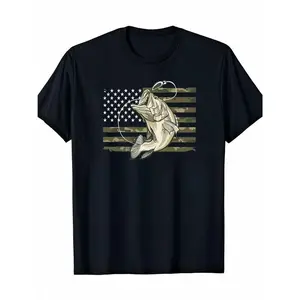 Men's Fishing Camouflage American Flag Bass T-Shirt 100% Cotton Crew Neck Short Sleeve Menswear Top Tshirt Streetwear Sweatshirt, Hoodie, Comfort Colors