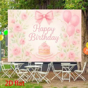 2D Flat, 1pc Pink & Golden Happy Birthday Banner with Balloon & Cake Topper-Style Cutouts - Elegant Cursive Lettering Pastel Party Decorations, Large Arch-like Backdrop for Cake Table, Garden, /Outdoor Parties - Durable Fabric, 2D Flat