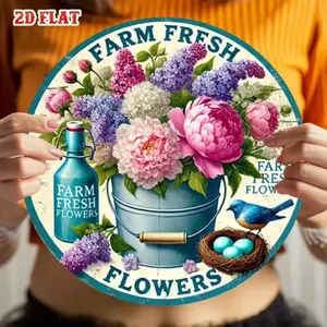 1PC Lightweight Aluminum Circular Plate Retro Farm Kitchen Decor Pink Peony Blue Bucket and Egg Design for Home Dining