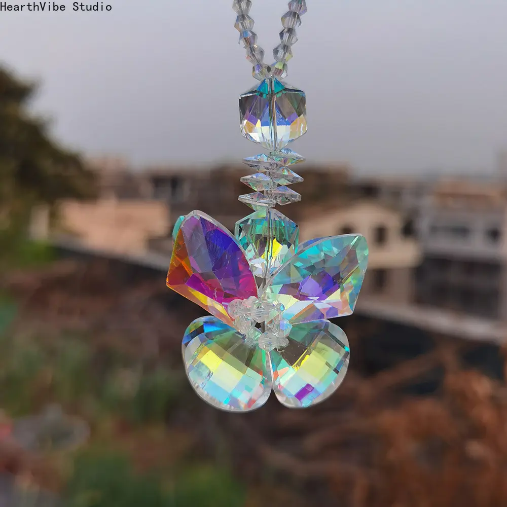 Crystal Butterfly Suncatcher, Hangable Rainbow Maker Hanging Ornament for Window, Patio, and Garden Wall Decor, Decorative, All Seasons, Glass, Outdoors, Butterfly Chain Decor