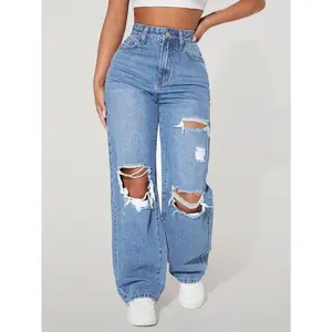 High Waist Ripped Straight Leg Jeans Chic Fit