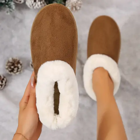 Women's Winter Thick-Sole Suede Flat Slippers - Cozy Warm Footwear with Chic Look, Heart Prints, Snow Boot House Indoor Outdoor Wear Slide Design, Soft Fabric