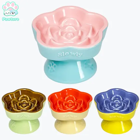 Raised Slow Feeder Cat Bowl, Ceramic Elevated Cute Pet Food Bowl Small Dogs Slow Feeder, Flower Shaped Cute Cat Dish for Dry and Wet Food