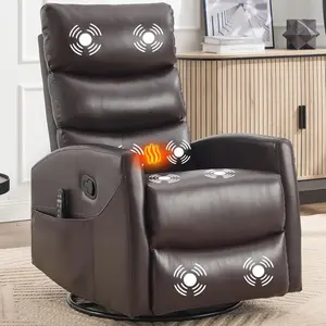 360° Swivel Rocker Recliner Chair - Faux Leather Brown Upholstered High Back Overstuffed Chair with Massage & Heat for Living Room, Bedroom