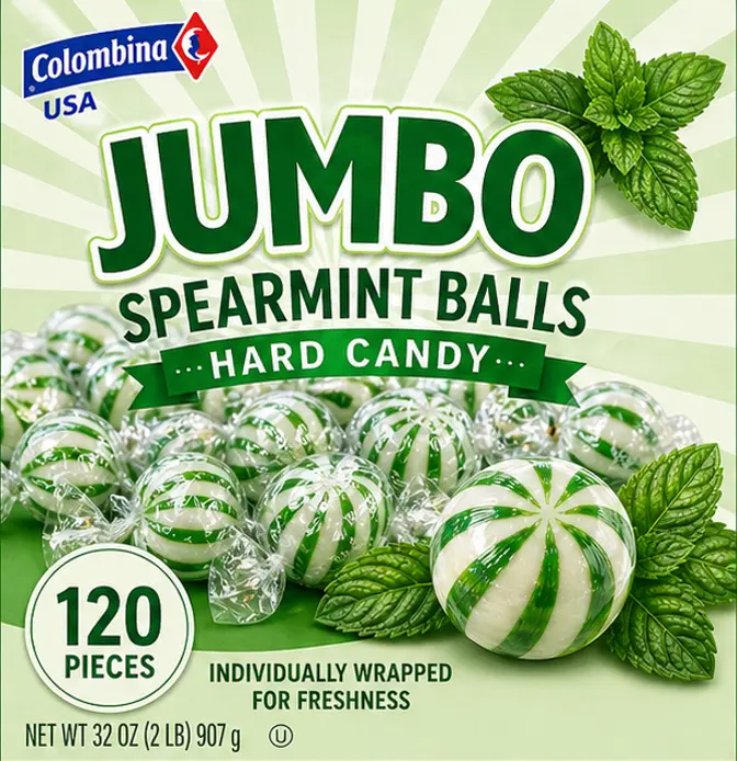 Colombina Shop Jumbo Spearmint Balls Hard Candies - 120 Individually Wrapped Pieces, Refreshing Flavor, Perfect for Sharing Sweet Snack