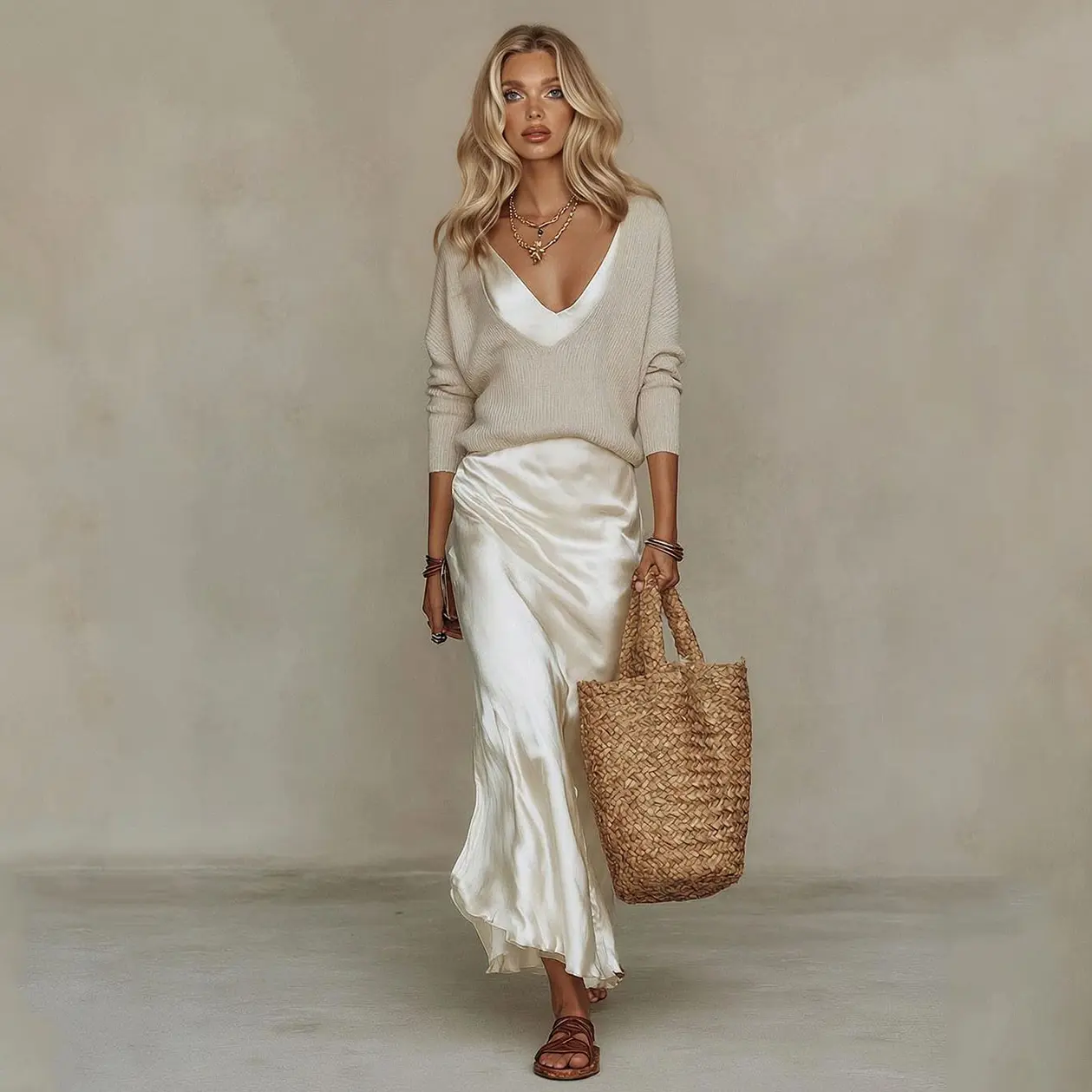 LikeMyChoice Women 2 Piece Quiet Luxury Matching Set Ribbed Knit Sweater Satin Slip Midi Skirt Vacation Outfit