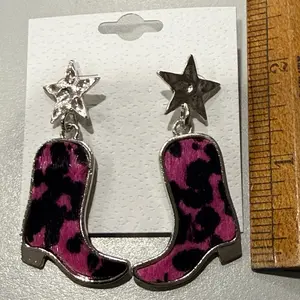 Pink and black fur animal print silvertone post earrings