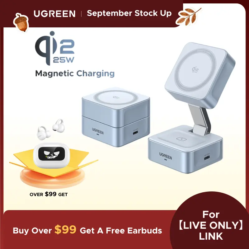 【LIVE ONLY】UGREEN 25W Magflow Wireless Charger 2-in-1 Magnetic Charging Station for iPhone 17/16/15/14/13/12 Pro Max, Fast Qi2 Certified Foldable Stand with USB-C Port, Compatible with AirPods, Dual Device Charging,TikTokShopholidayhaul, Iphone Charger, M