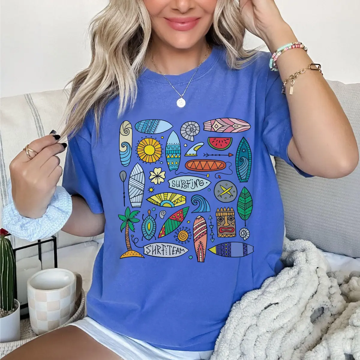 Surf Boards Summer Beach  Comfort colors  Shirt, Summer Shirt, Trendy Surf time shirt, Surf Boards  doodle shirt Women Beach Tee
