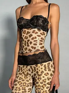 Women's Leopard Print Patchwork Lace Sexy Two-piece Set, Fashion Comfy Cami Top & Flare Leg Pants Set for Daily Outdoor Wear, Women Clothing for Summer