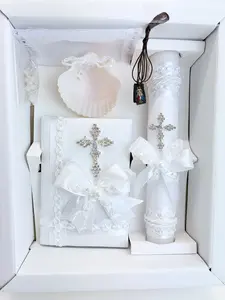 6-Piece Baptism Candle Set | Rhinestone Cross Brooch | Bible Shell & Rosary
