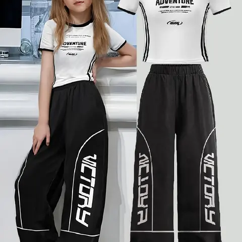 Girl's Letter Print Top & Pants Two-piece Set, Sporty Tee Set, Kids Girls Clothing, Casual Round Neck Top & Jogger Pants for Daily Wear, Kids Clothes for Fall & Winter, Sporty Design, Casual Set Youth