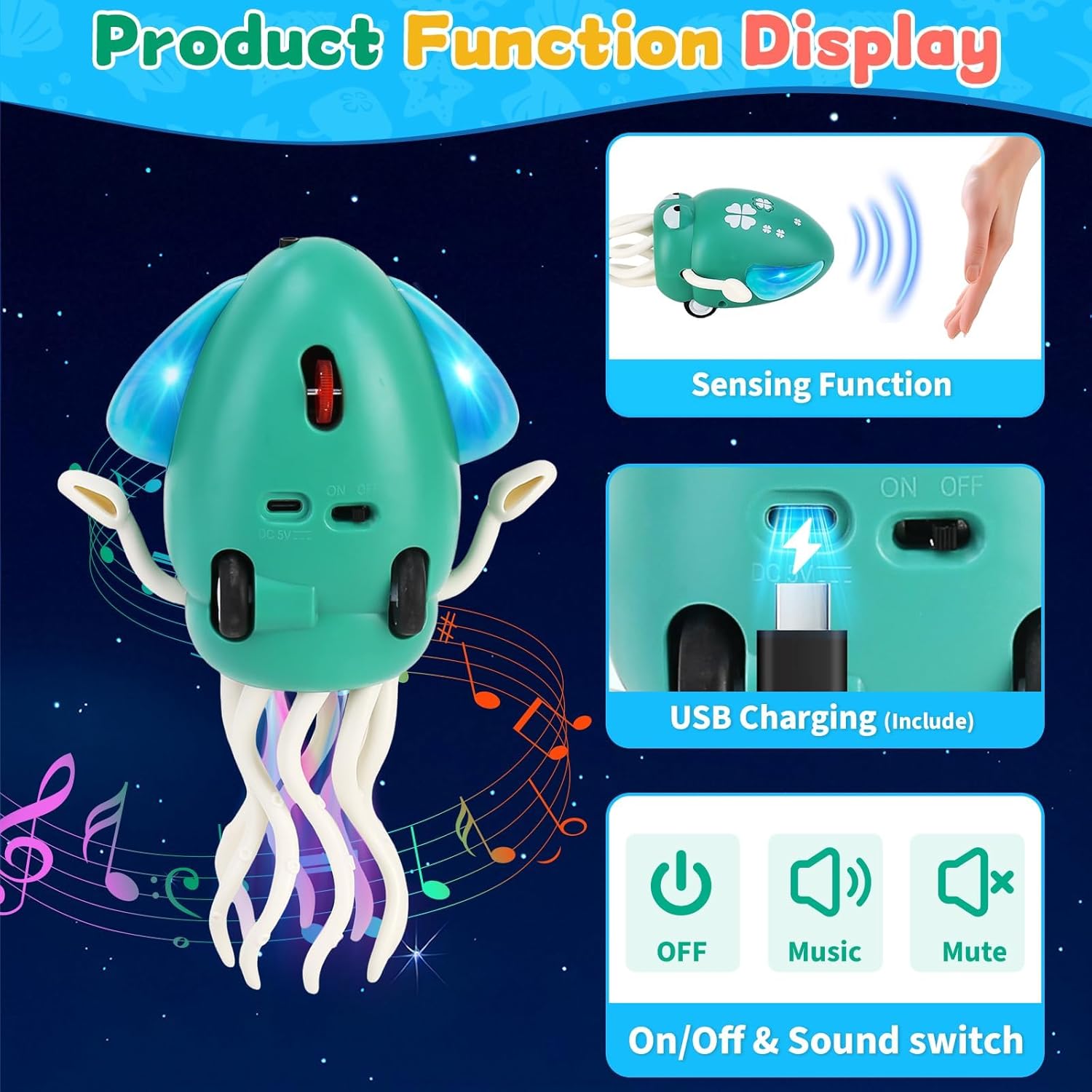 Dancing octopus with lights and music, interactive automatic obstacle avoidance octopus crawling , fun participatory game activities cool gift toy duck Auto-Dance Obstacle-Sensing Octopus Toy electric squid Colorful LED