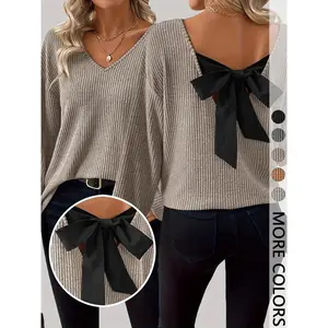 Women's Fashion V-Neck Long Sleeve T-Shirt with Bow Decoration on the Back , Stretchy Ribbed Material & Eye-Catching Back Bow Detail & V-Neck Design & Relaxed Silhouette & Multi-Color Options,1pc