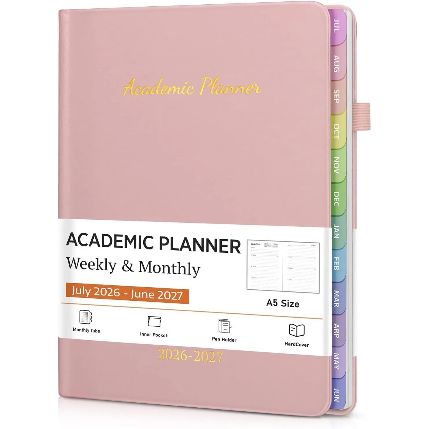Academic Planner 2026-2027, Weekly and Monthly Academic Year Calendar Planner, July 2026 - June 2027, 6" x 8.5", Hardcover Leather Daily Agenda Book With Colorful Tabs for Teacher & Student, Pink