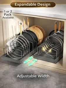 Pull Out Cabinet Organizer for Pots and Pans, Black Storage Rack with 8 Adjustable Dividers, Kitchen Countertop Lid Holder for Pot Lid, Bakeware, Dishes Storage, 2 Pack