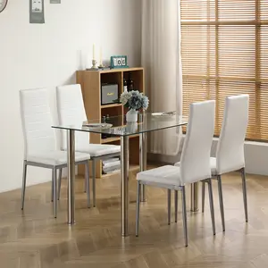 110CM Clear Color Dining Table Set, includes 1 Tempered Glass Dining Table and 4 PU Dinning Chairs of White Color Living Room Furniture Home