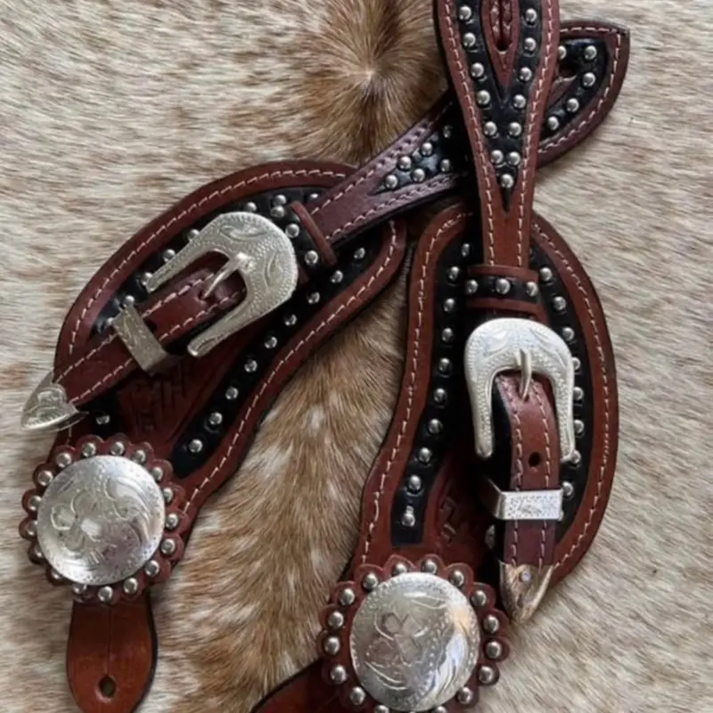 Pair Adult Size Leather Western Spur Straps Engraved Silver