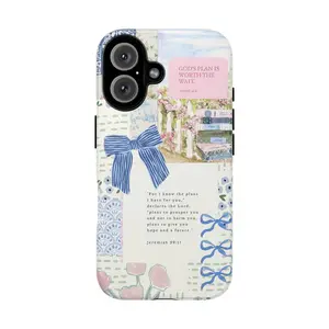 "God's Plan Is Worth The Wait" Bible Verse Phone Case – Coquette Aesthetic Blue Bows & Flowers Design Cover for iPhone 17 Pro Max 16 15 14 Plus & Samsung Galaxy S25 S24 S23 S22 S21 Ultra | Cover For iPhone 17 Pro Max 16 Plus 15 14 13 12 11 Air