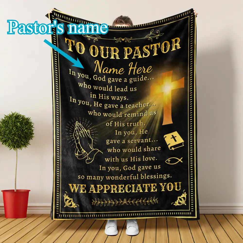 Personalized Pastor Gift - Custom Name & Bible Verse Flannel Blanket - Heavyweight 280gsm Soft Religious Throw - Machine Washable All-Season Bedspread - Custom Pastor Appreciation Gift for Christmas, Birthday, Pastor - Golden Accent Church Decor - No Shed