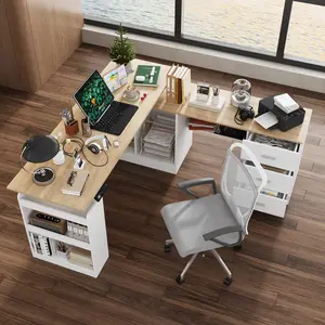 FUFU&GAGA L Shaped Standing Desk with Drawers and Shelves, Executive Desk Adjustable Height Desk, L-Shaped Design, 63 inch Tabletop, for Office Bedroom