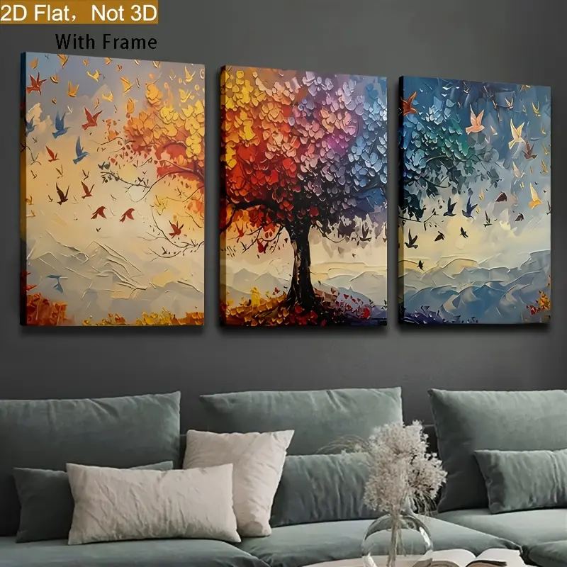3-piece framed canvas paintings and posters, ready to hang, large multi-colored Tree of Life print - classic landscape home decor,Father's Day Gift,wall art, room decoration, home mural, ideal gift choice for living room, bedroom, dining room