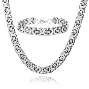 Men's 11mm Stainless Steel Flat Byzantine Chain Necklace Bracelet Set for Men woman charm Jewelry Gifts