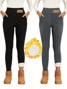 2PCS Plush Lined Thermal Pants Soft Comfy Slim Elastic Tights For Winter Women's Lingerie Sleepwear Casual Autumn Basic Minimalist
