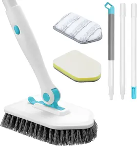 Shower Scrubber with Long Handle, 3 in 1 Tile Tub Scrubber Brush with 3 Detachable Cleaning Heads Adjustable Handle Shower Cleaner Brush for Bathroom, Kitchen, Toilet, Wall, Sink, Blue White