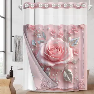 1PC/4PCS 2D Flat Printing Pink Silver Rose Pearl Decoration Patterned shower curtain, home bathroom decor, shower curtain set with 12 hooks, non-slip bathroom rug, U-shaped toilet seat cover, toilet seat mat, Bathroom Decoration Accessories