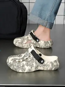 Unisex Retro Chinese Style Slides: Black-White Ink Colorway, Breathable Hollow Out, Non-Slip Thick Sole. For Daily Commute/Elegant Styling