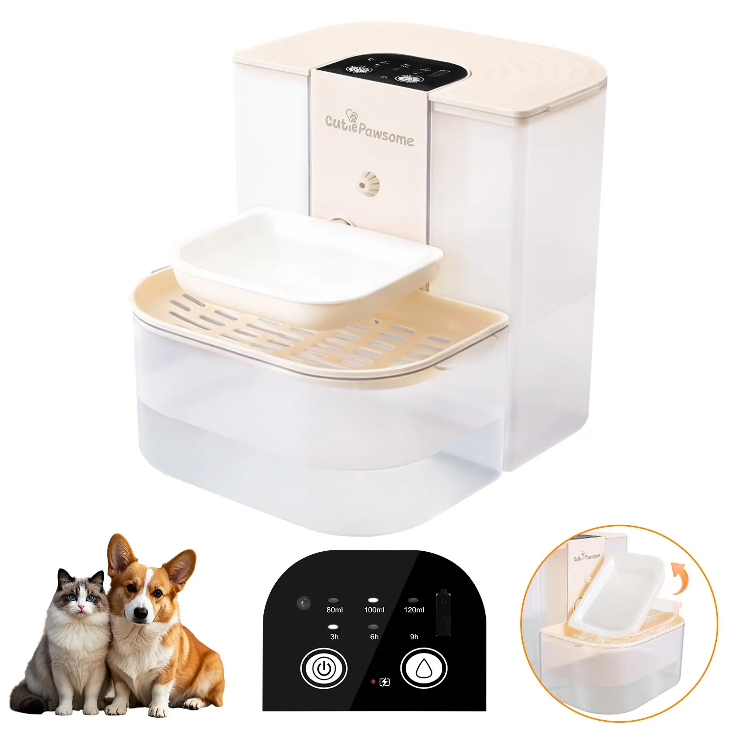 Cute Smart Pet Water Fountain Bowl Automatic Feeder - 45L Cordless Rechargeable, Auto Refill, 3 Volume Levels, Quiet Liquid Pump, Dual-Tank Filtration System for Cats, Dogs, Liquid Pump Automatic Feeders