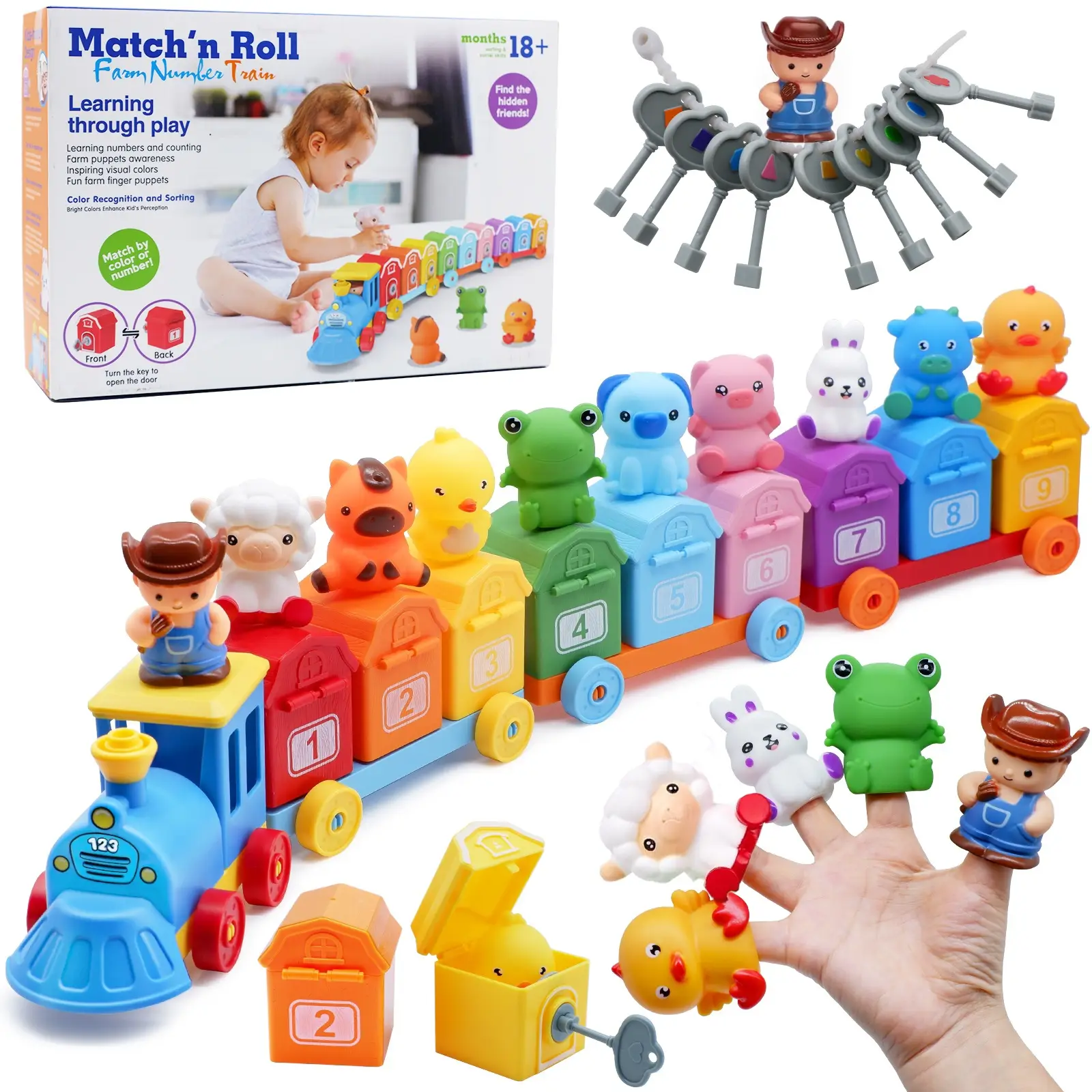 Toddler Toys for 18M+1 2 3 4 Year Old , Counting, Matching, Sorting Activity Toys, Preschool Montessori Learning Toy , Montessori Train Set with Farm