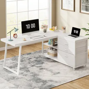 Tribesigns 53" L Shaped Office Desk, Reversible Corner Computer Desk with 3 File Drawers and 2 Storage Shelves for Home Office, Study, Gaming Room (Brown)