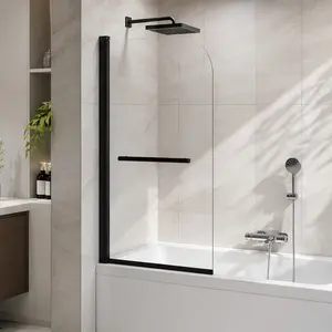 ARCH 31" x 55" Frameless Bathtub Shower Screen Door Tempered Glass Panel Matte Black Aluminum 180° Pivot Modern Bathroom Shower Door with Stainless Steel Handle Clear Glass No-Drill Installation, Transparent Color Options, Aluminum/Glass/PVC Material