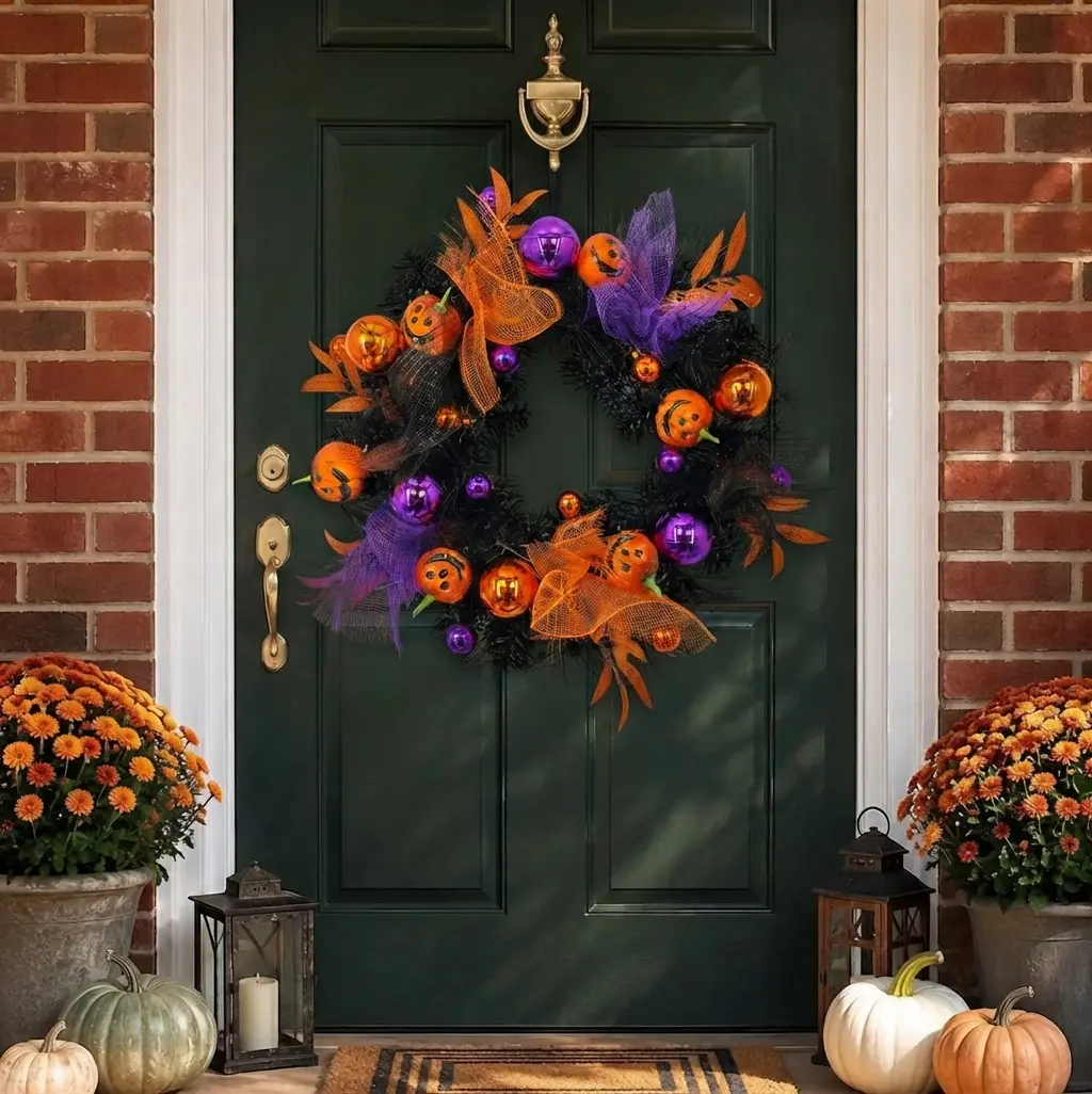 Halloween Wreath for Front Door, Black Tinsel Garland with Cute Mini Pumpkins, Purple & Orange Ornaments, Mesh Ribbons, Spooky Indoor Outdoor Hanging Decoration, Haunted House Party, Halloween Wreath, Pumpkin Door Hanging, Festive Party Decoration