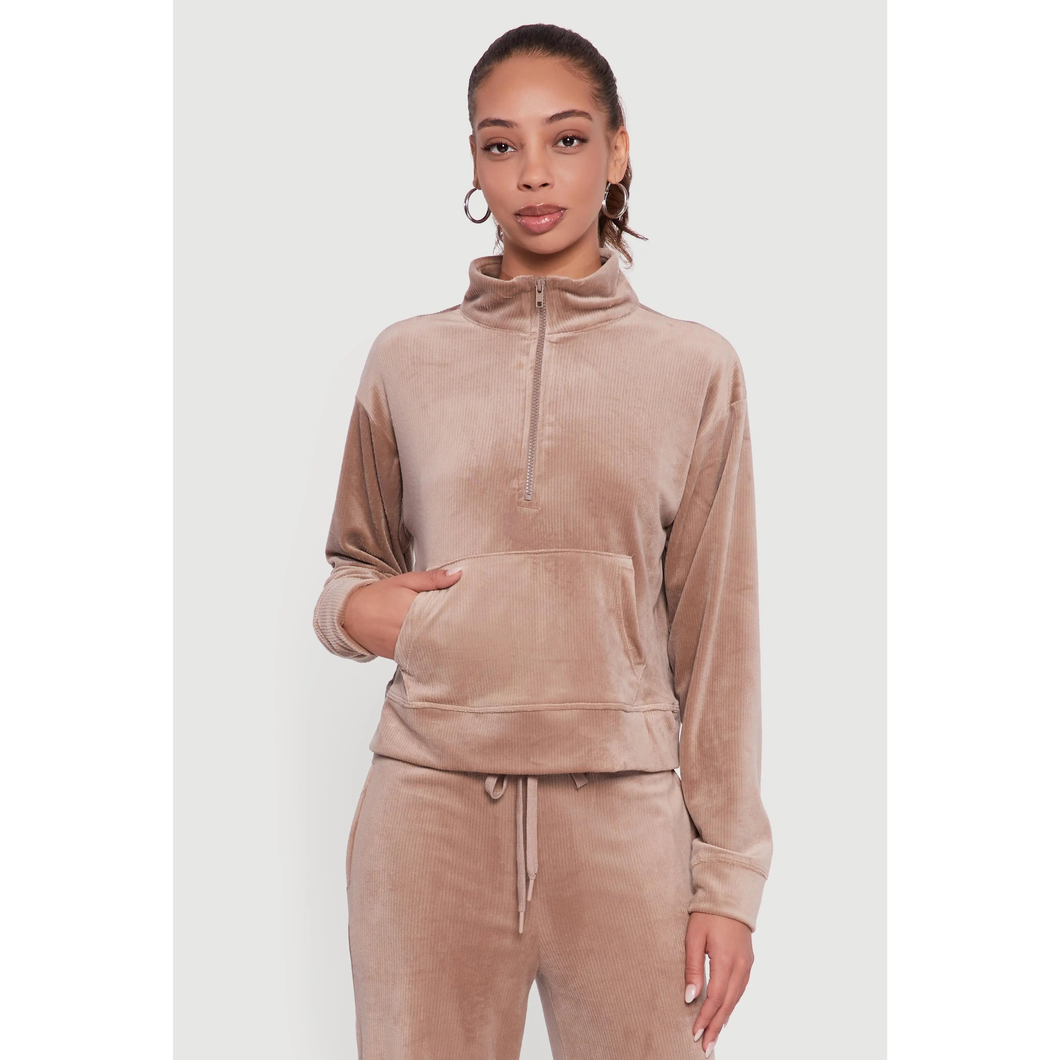 Ribbed Velour Half Zip Mock Neck Pullover