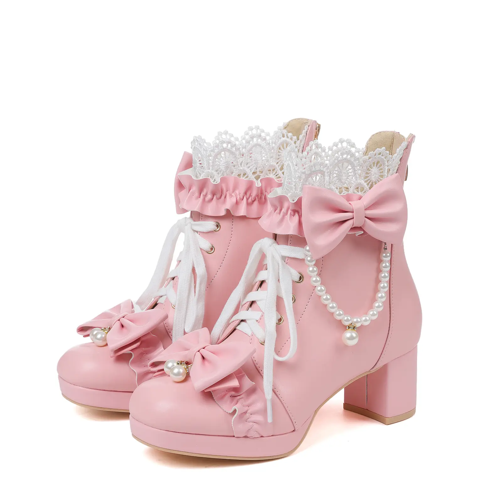 Ankle Boots For Women Platform Boot Round Toe Chunky Block High Heel Lace Up Bows Pearl Chain Back Zipper Cosplay Punk Party Date Dress Cute Sweet Trendy Booties