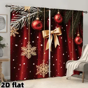 2D Flat 2Pcs Christmas Snowflakes Red Ornaments Curtains, Gold Bow Pine Needles Pattern, Semi Sunshade Rod Pocket Design, Perfect for Living Room Bedroom Kitchen Study Window Decoration, Holiday Party Home Decor, Winter Interior Decoration Accessories