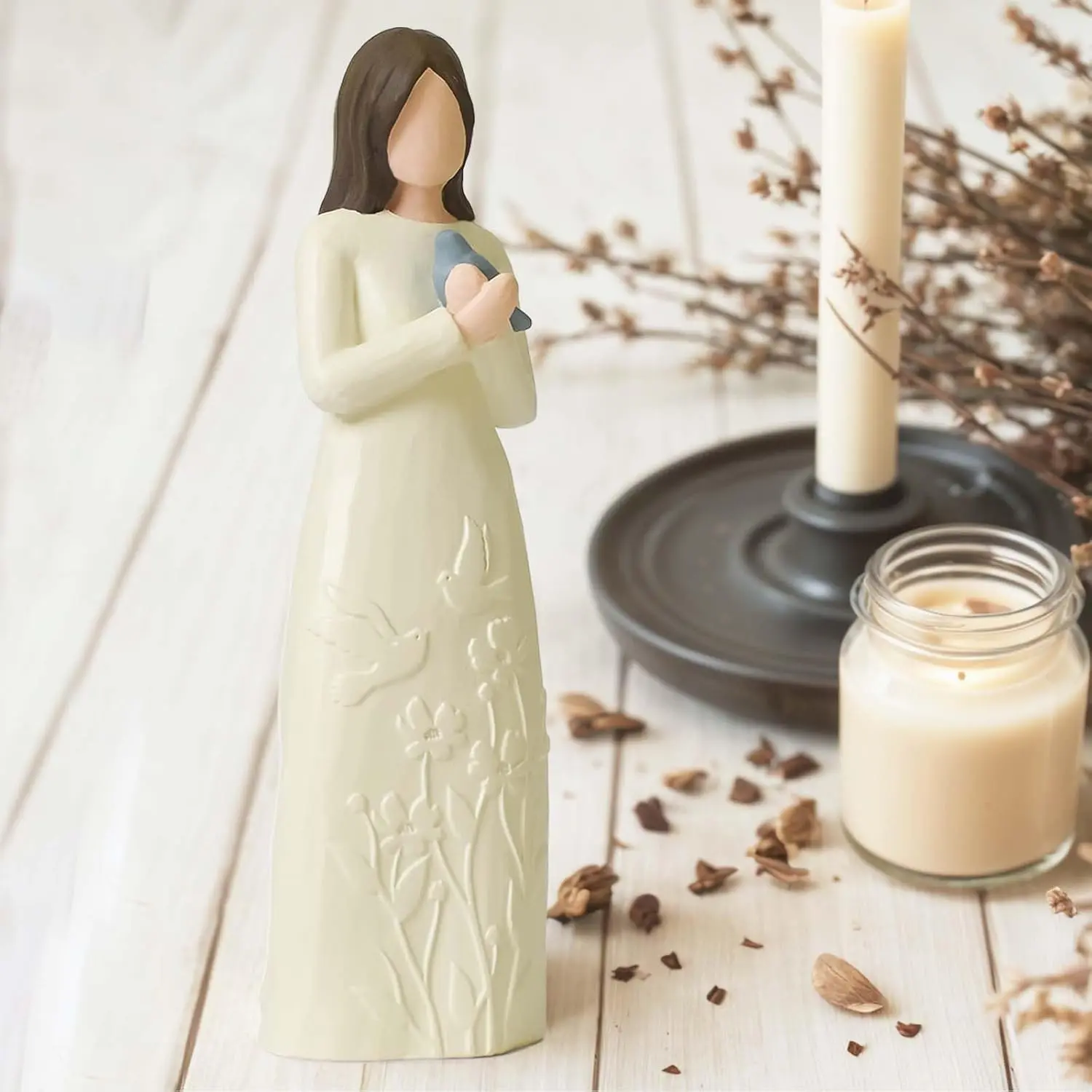 Resin Angel Guardian Figurine with Dove - Mini Home Decor Collectible Statue, Sympathy Memorial Gift for Women, Blue Bird Lover Grief Present