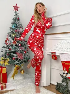 Christmas Themed Women's Lounge Jumpsuit, Striped Color-Blocking Pattern Design - Cozy Long Sleeve V Neck Sleepwear for Fall & Winter, Pajamas for Women