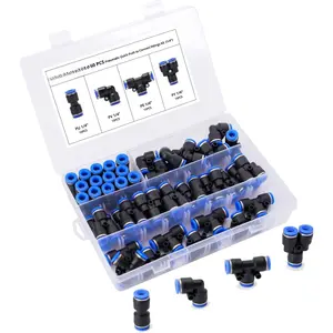 60 count 1/4 Inch OD Push to Connect Fittings, Pneumatic Fittings Kit 15 Spliters+15 Elbows+15 Tee+15 Straight Quick Connect Air Hose Fittings