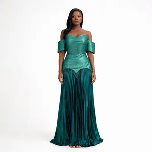 Silkandluxe Mikado Fringe Skirt Set - Emerald Mikado Corset Top with Crystal Fringe & High-Waist Satin Maxi Skirt - Luxury Two-Piece Ensemble for Weddings & Gala Nights - Fabric