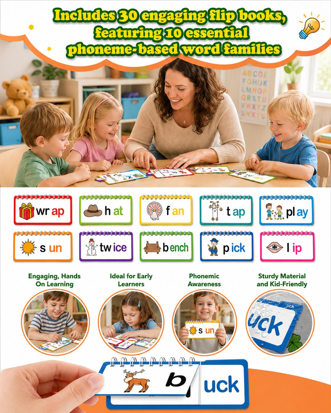 Kids Educational 30-Piece Flash Card Toy Set - ABC Alphabet Matching Cards, Phonics Books, Word Family Builders, Rhyme Tools, Early Literacy & Vocabulary Builder Learning Gifts