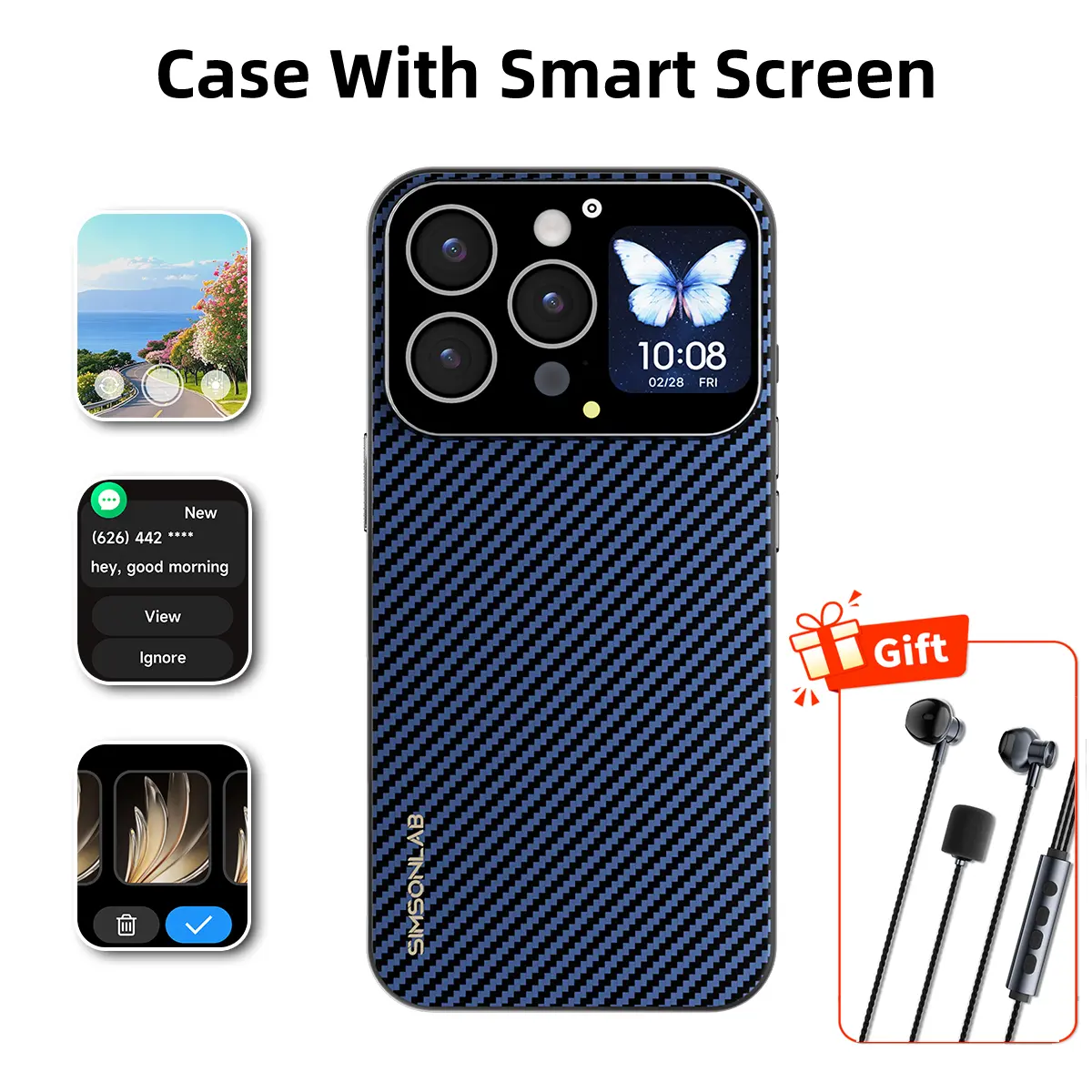 Smart Phone Case with 1.75-inch HD Screen, 10 Second Custom Video Dial,  Rear Camera Preview, Call & Message Alert, Music Control, Weather, Timer, Dynamic Smart Window, Multiple Model Options, Magnetic Wireless Charging, Practical Gadget Gift.