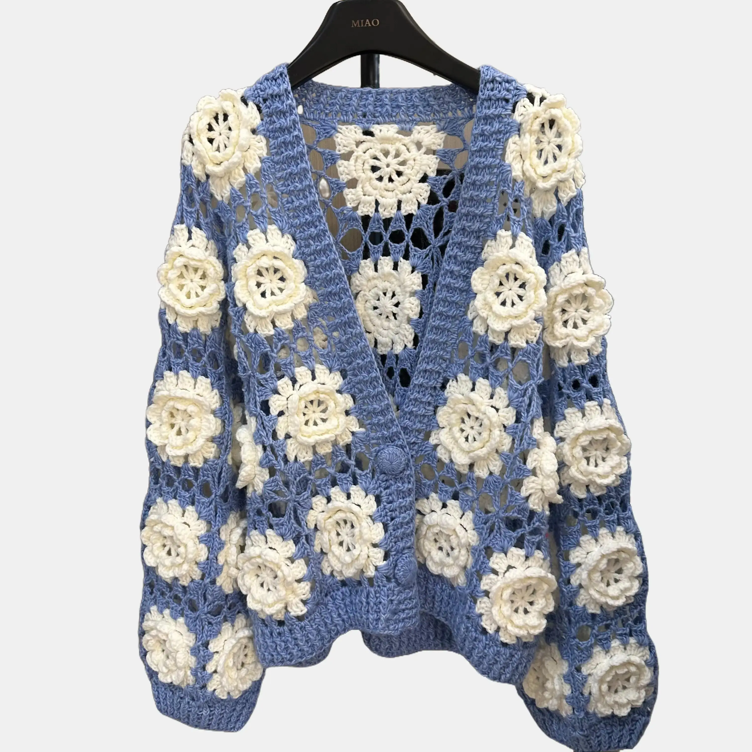 Women's Floral Handknitted Wool Cardigan with 3D Crocheted Flowers, Casual Deep V-Neck Long Sleeve Cozy Knitwear Top, Style